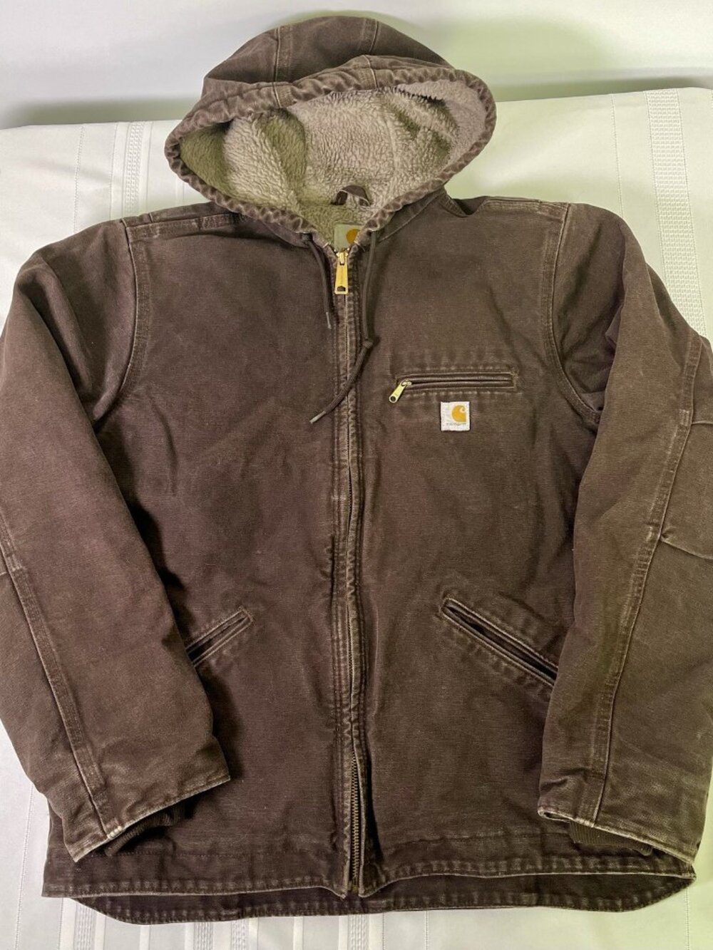 Vintage Carhartt Sherpa Lined Hooded Duck Canvas Work Jacket Brown Women’s Small - Picture 2 of 8